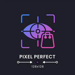 Eye tracking purple solid gradient desktop icon on black. Consumer insight. Neuromarketing technique. Pixel perfect 128x128, outline 4px. Glyph pictogram for dark mode. Isolated vector image