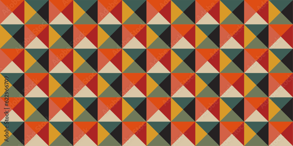 Poster Simple colored mosaic of triangular elements that creates a colored grid. For prints, surfaces, wallpapers, textiles, etc. Vector and seamless repeat pattern.