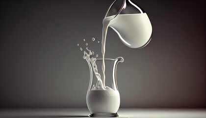 Illustration of fresh milk pouring in big glass from jug background in copy space.  Ai generated image