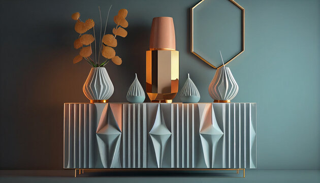 Interior of a room and interior design composition with a modern sideboard with a lamp and vases on it Ai generated image