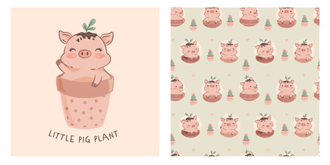 Adorable Vector Cards for Invitations and Birthdays: Little Pigs on Pot Plants, Childish, Kids, Cute, Kawaii