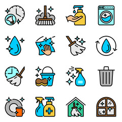 cleaning color line icons set. wash, spray, stroke, dust, hygiene, outline, cloth, maid, drop, liquid, service, window, brush, tool, housekeeping, dirty, soap, washing, mop, household, work, washer