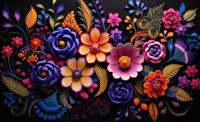 Fototapeta na wymiar Vibrant Digital AI Masterpiece: Mexican Embroidery Style Flowers Blossom in Floral Splendor