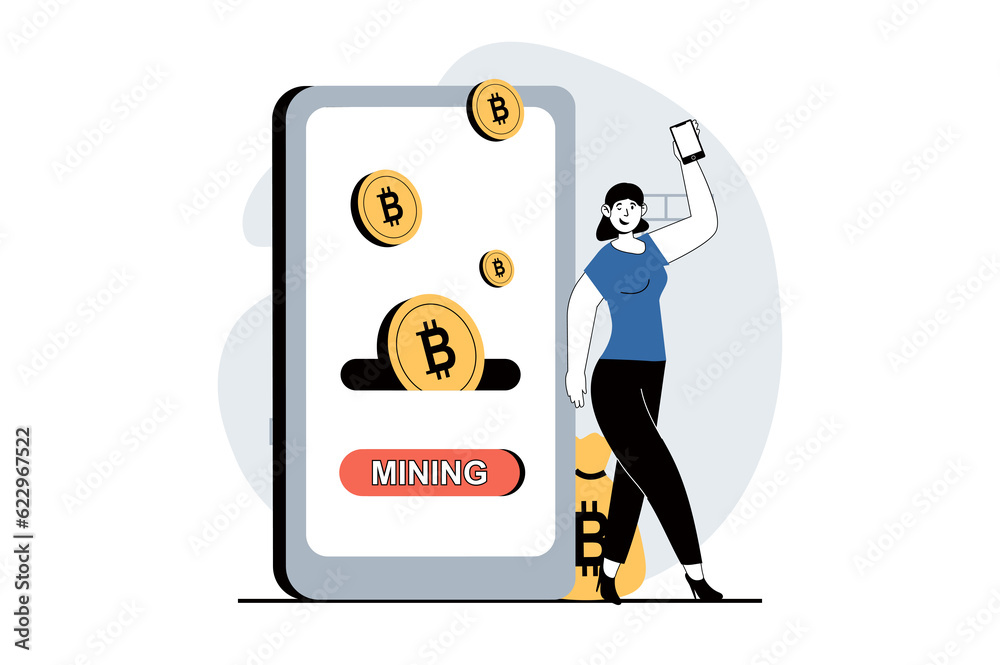 Poster cryptocurrency mining concept with people scene in flat design for web. woman mining bitcoins and mo