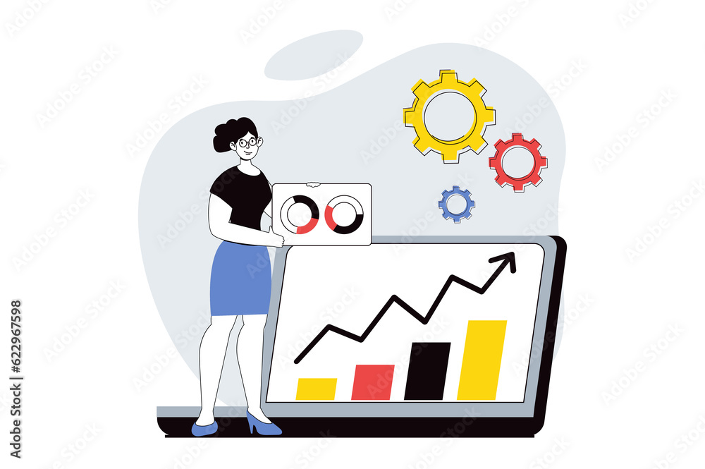 Aufkleber data analysis concept with people scene in flat design for web. woman working as financial consultan