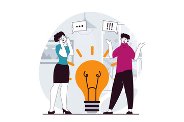 Branding team concept with people scene in flat design for web. Man and woman brainstorming and discussing creative ideas for project. Illustration for social media banner, marketing material.