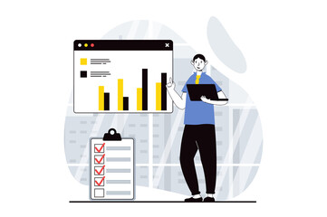 Data analysis concept with people scene in flat design for web. Man working with bar charts, making checklist for financial report. Illustration for social media banner, marketing material.