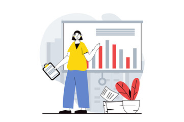 Data analysis concept with people scene in flat design for web. Woman working with charts and making presentation of earnings data. Illustration for social media banner, marketing material.