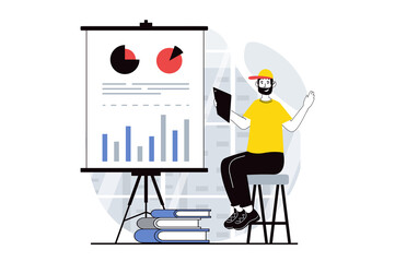 Data analysis concept with people scene in flat design for web. Man consultant working with charts and diagrams for presentation. Illustration for social media banner, marketing material.