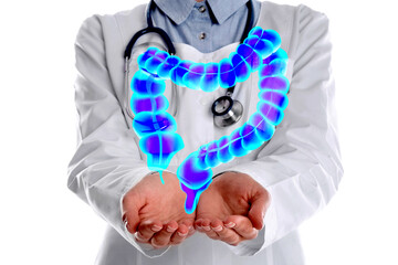 Gastroenterologist holding illustration of large intestine on white background, closeup