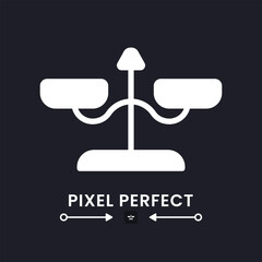Balance scales white solid desktop icon. Weight measuring device. Court justice. Equality symbol. Pixel perfect, outline 4px. Silhouette symbol for dark mode. Glyph pictogram. Vector isolated image