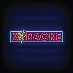 Obraz premium Neon Sign karaoke with brick wall background vector