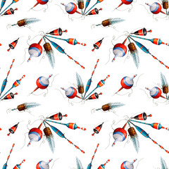 Watercolor drawing pattern from various fishing bobblers, red, white, blue and black with fishing line on white background. Angling gear for wallpapers, logo, banners, icon, cards, leaflets, textiles © Belenova_art