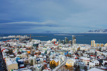 aerial colourful  view of downtown Reykjavik in Iceland with snow.