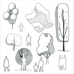 Elements for the presentation of an architectural project. Entourage and staffing. Silhouettes. Trees. Cloud.
