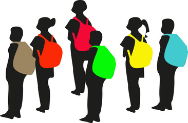 Vector group of pupils are standing with school bags. Silouettes of pupils. School bags of different colors. School studing. Schoolchildren teenagers.