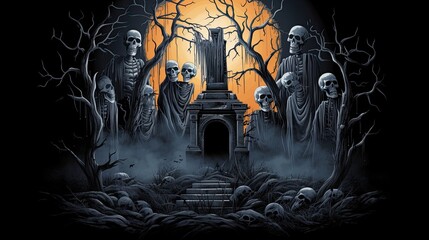 Artistic painting concept of Halloween background. Spooky Graveyard at night, digital art style illustration painting.