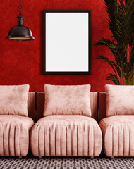 Empty photo frame mockup hanging on vibrant red wall background, modern interior.