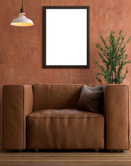 Empty photo frame mockup hanging on dark brown wall background, mud wall, eco theme interior.