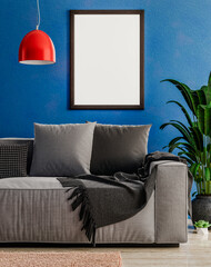 Empty photo frame mockup hanging on blue wall background, Modern theme interior.