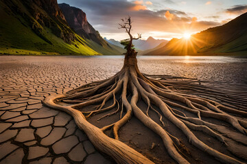 Landscape roots of old tree with green seeds grow on it. New concept of go green