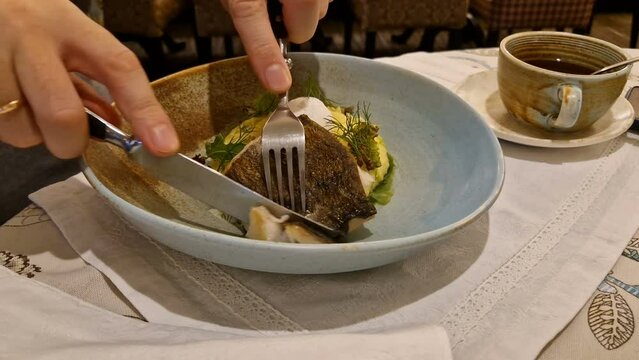 Fillet of white fish and mashed potatoes. Restaurant