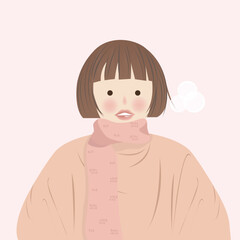 Cute Girl Cartoon Character with Thick Clothes and Scarf in Cold