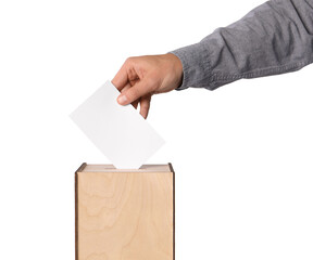 Man putting his vote into ballot box on white background, closeup