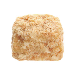 Piece of delicious Napoleon cake isolated on white