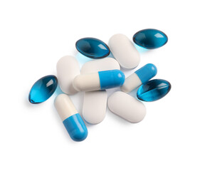 Many different pills isolated on white, top view