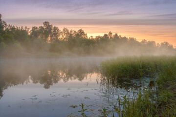 Obraz na płótnie Canvas Foggy haze creeps over the river on a summer morning at dawn.