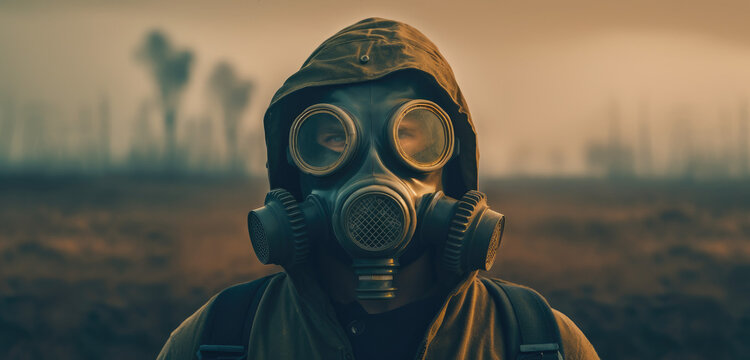 a figure is wearing a gas mask, in the style of muted earth tones