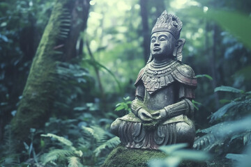 Buddha Statue in the jungle. Generative AI.