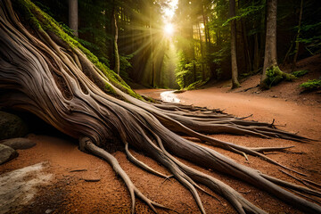 The roots of a large old tree that vines down to the footpath with the sun shining through the forest. Tree in the woods