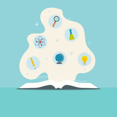 Illustration with book and icons flask, pencil, atom, globe, light bulb, magnifier
