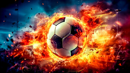 art soccer ball in a colorful explosion of fire energy and movement, sports performance, made with Generative AI