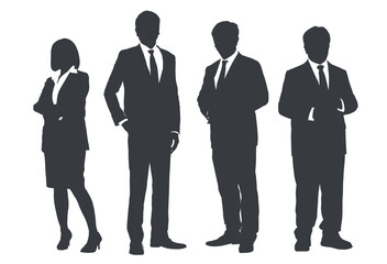 Business people group gray silhouettes pose on white background, flat line vector and illustration.