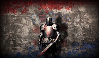 Ancient fantasy knight in armour on a weathered background with croatian crest