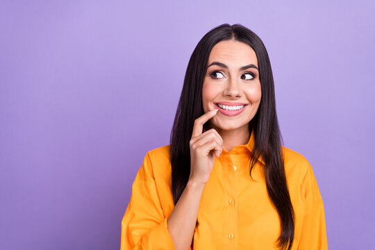 Photo Of Dreamy Businesswoman Wish Company Will Growing Future Make High Value Money Income Look Mockup Isolated On Purple Color Background