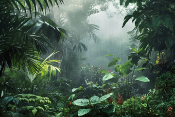 Rain in the rainforest. Wild jungle. Generative AI. - 622972710