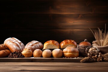  Different Bakery Products On Wooden Background, Generative AI