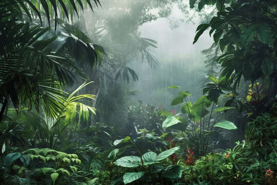 Rain in the rainforest. Wild jungle. Generative AI.