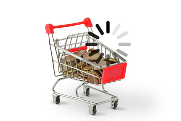 Shopping cart with waiting sign on white background
