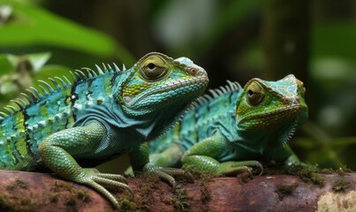 Fototapeta premium Vibrant World: A Kaleidoscope of Colorful Chameleons in their Natural Habitat GENERATIVE AI, AI GENERATIVA