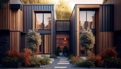 Modern modular private townhouses with wooden cladding. Ai generated image