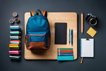 Back to school. School supplies against dark blue background. Educational flat image