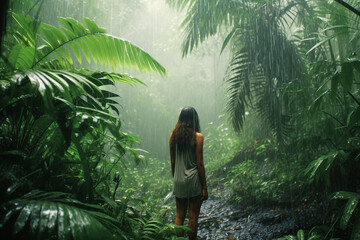 A girl stands in the rain in the jungle. Generative AI.