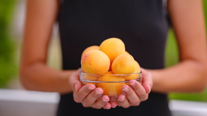 Obraz premium woman holding bowl of fresh apricots in her hands while standing in garden. Harvest background. Organic fruits. Farmer's market.