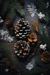 Obraz na płótnie Canvas Winter leaves with pine cones and pine cones on wooden, christmas background, ai generative