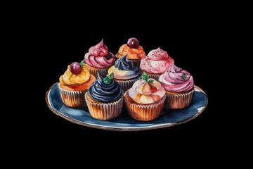 Obraz na płótnie Canvas watercolor cupcakes with cream on black background